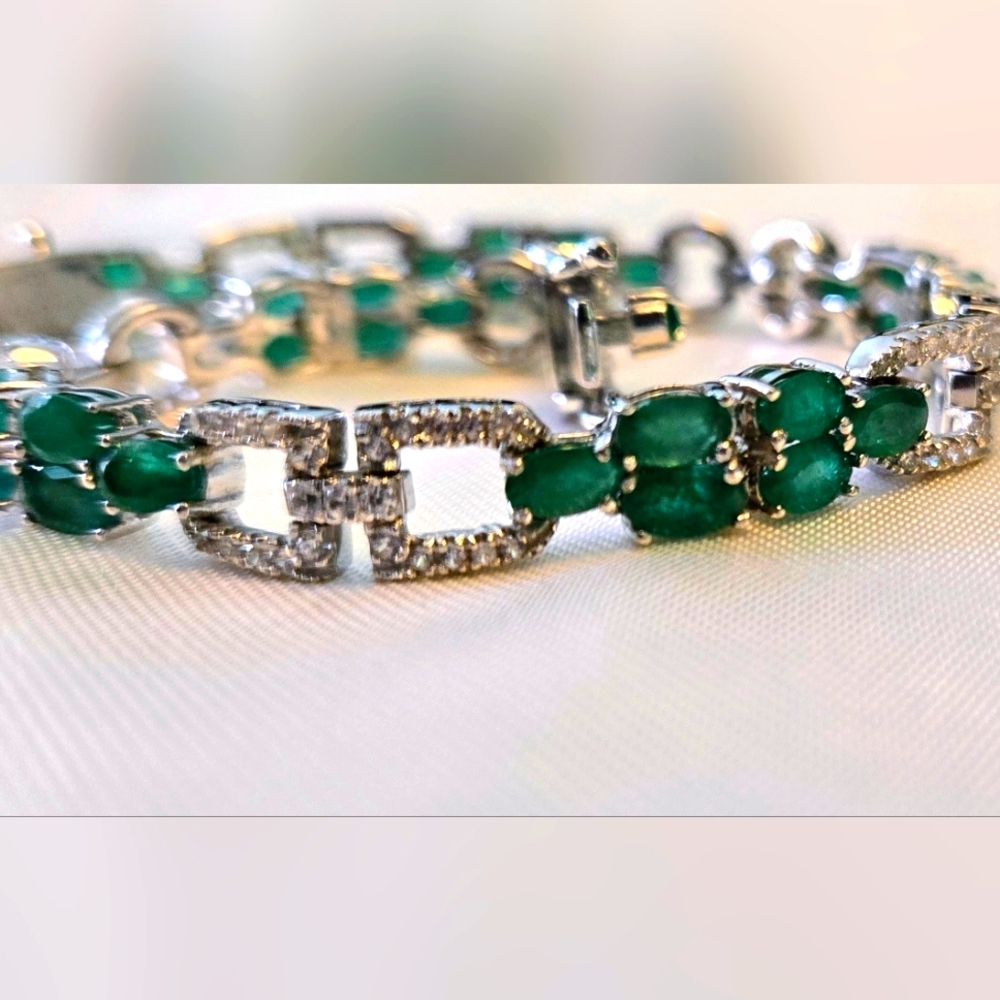 Emerald, White Sapphire PGTII Tested Sterling Silver Bracelet